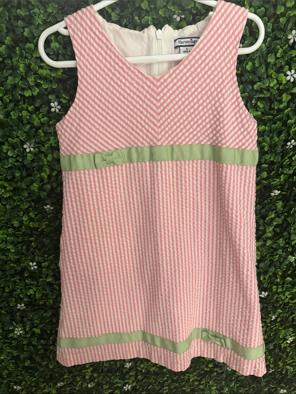 Hartstrings Pink Seersucker Dress with Green Ribbon Accents
